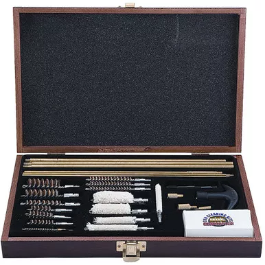 Gunmaster UGC76W Deluxe Universal Gun Cleaning Kit Wooden Case Black, 35 Pack