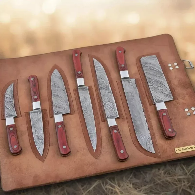 Hammer-Forged Damascus Chef & Utility Knife Set in Leather RollRed Pakka Wood Handles, Full Tang