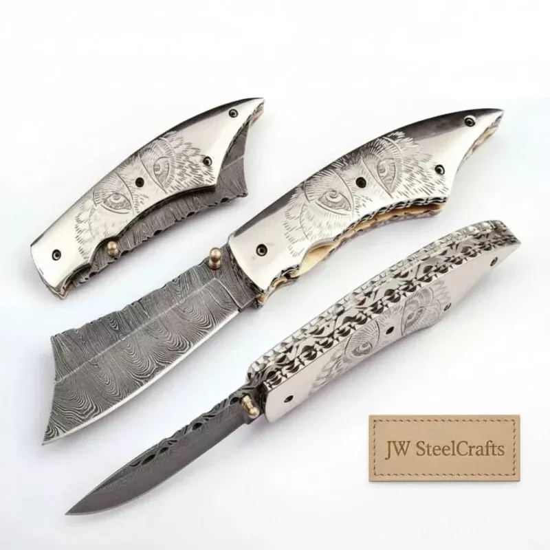 Hand Engraved Damascus Folding Knife with Skull Design & Brass LinersCollector Pocket Knife
