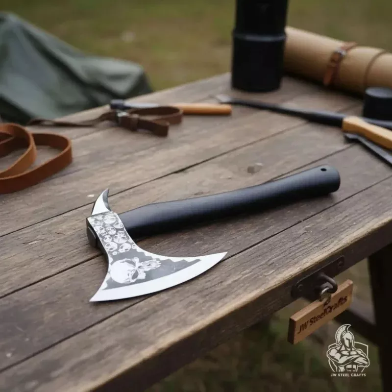 Hand-finished Bearded AxeDetailed Etched Steel Head with Minimalist Black Handle