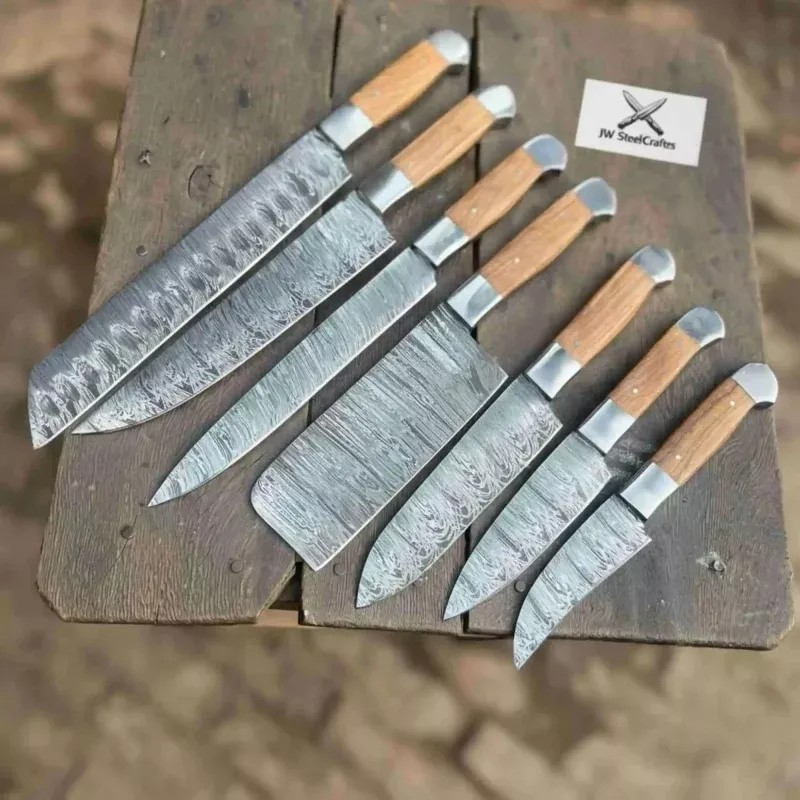 Hand Forged 7-Piece Damascus Chef Knife SetNatural Wood Handles