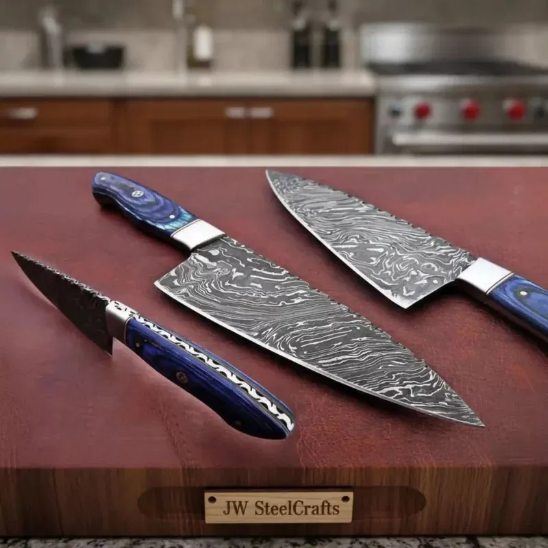Hand-forged Fire Damascus Full-Tang Kitchen KnifeBlue Pakka Wood