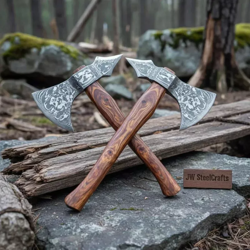 Hand-forged Viking Skeggx Bearded Axe SetPattern-welded Damascus Heads with Hardwood Shafts