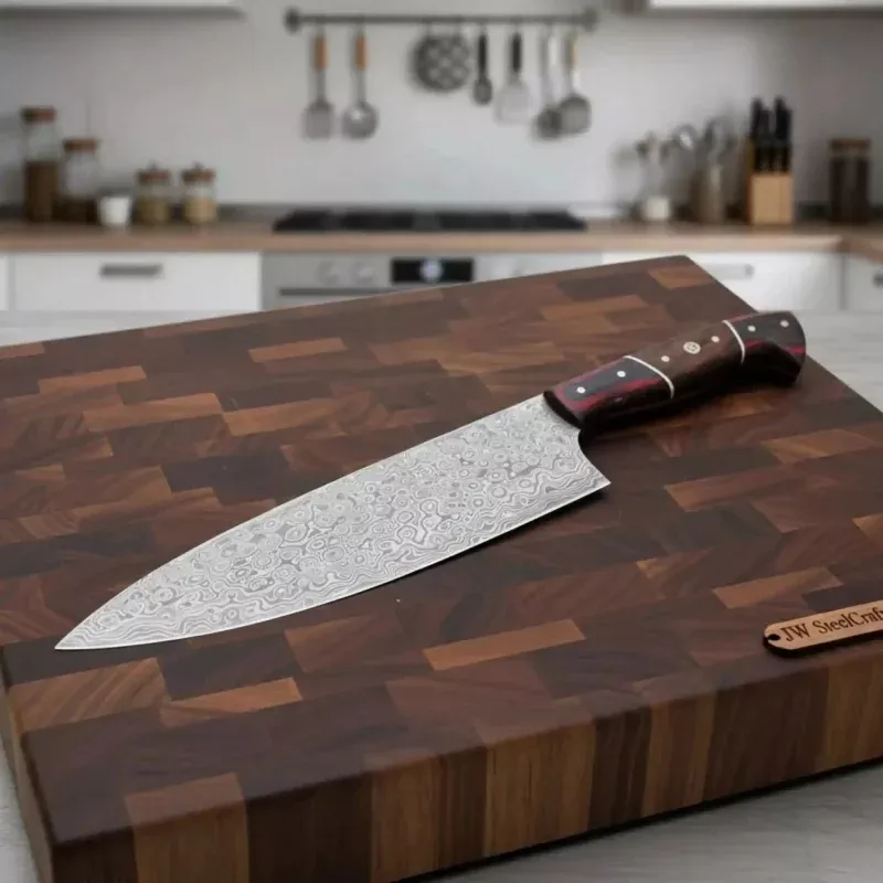 Handcrafted Damascus Kiritsuke Chef KnifeRaindrop Pattern Blade, Red Pakka Wood & Rosewood Handle, Mosaic Pins