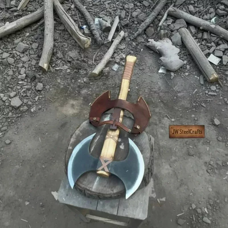 Handcrafted Double-Head Decorative Axe with Wooden HandleJW SteelCrafts