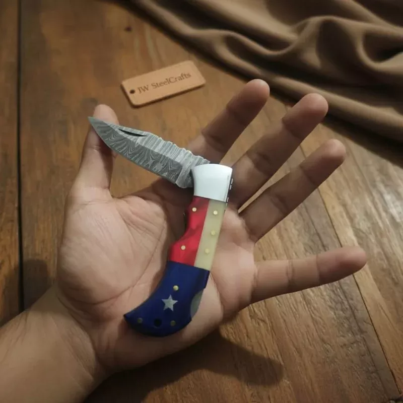 Handmade Damascus Folding KnifeTricolor Resin Handle (Red, White & Blue) with Leather Sheath