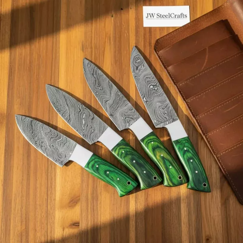 Handmade Damascus Kitchen Knife SetChef, Santoku, Utility Knives with Green Wood Handles