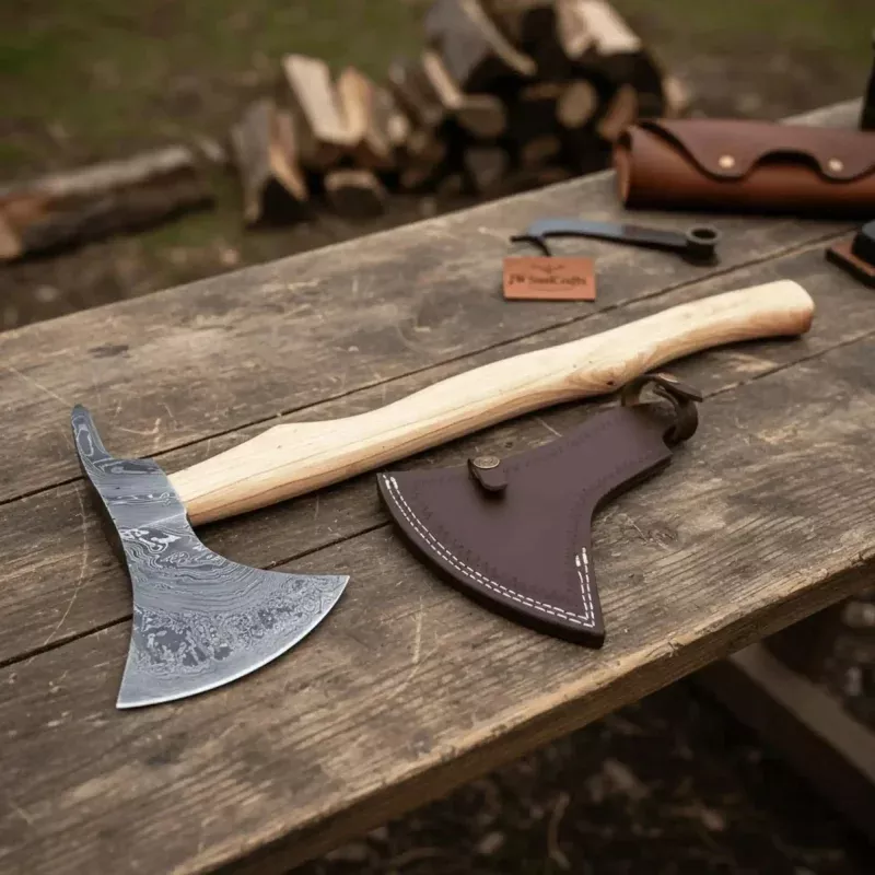 Handmade Damascus Steel Bearded Spike AxeHand Forged Viking Bearded Axe with Ash Wood Handle and Leather Sheath | JW SteelCrafts