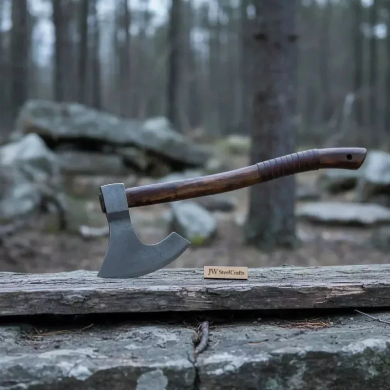 Handmade Damascus Steel Bearded Viking Axe with Hardwood HandleCustom Forged Norse Camp Axe | JW SteelCrafts
