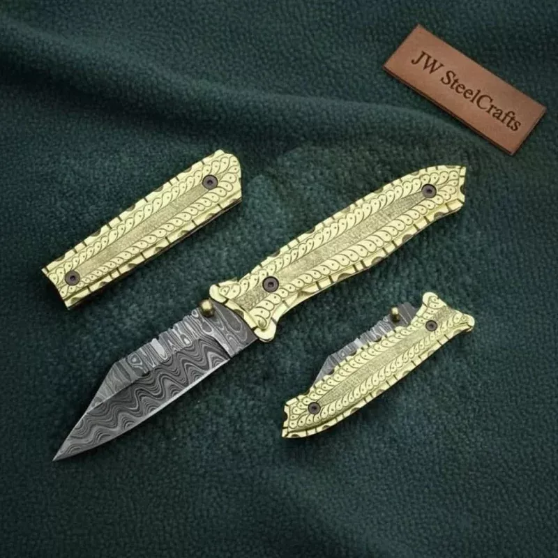 Handmade Damascus Steel Folding Knife with Olive Wood HandleBrass Liner Pocket Knife
