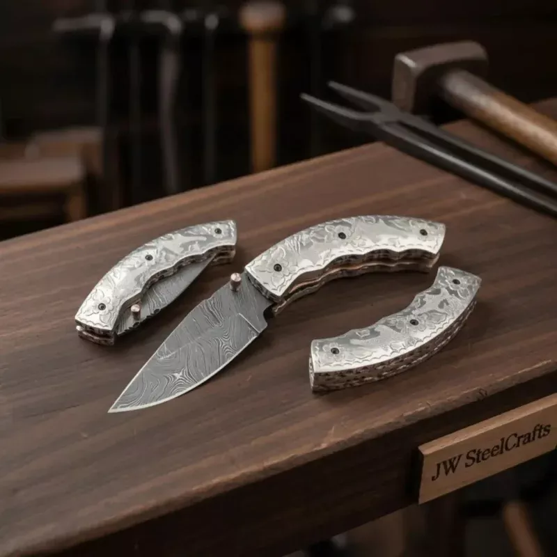 Handmade Damascus Steel Folding KnifeEngraved Brass Handle EDC Pocket Knife with Leather Sheath