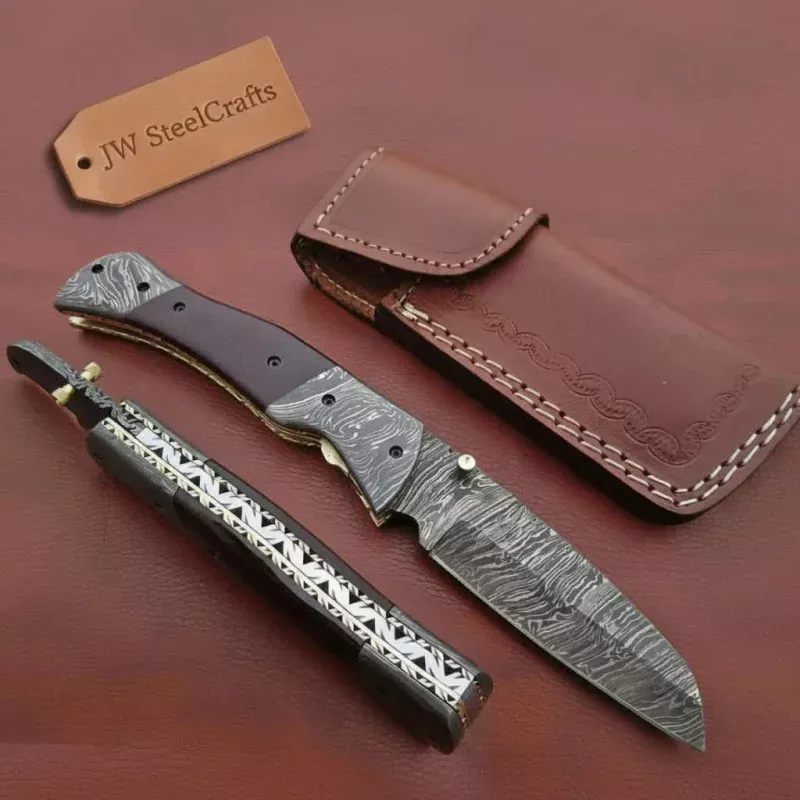 Handmade Damascus Steel Folding KnifeMatte Black Handle with Brass Liner & Thumb Stud | JW SteelCrafts