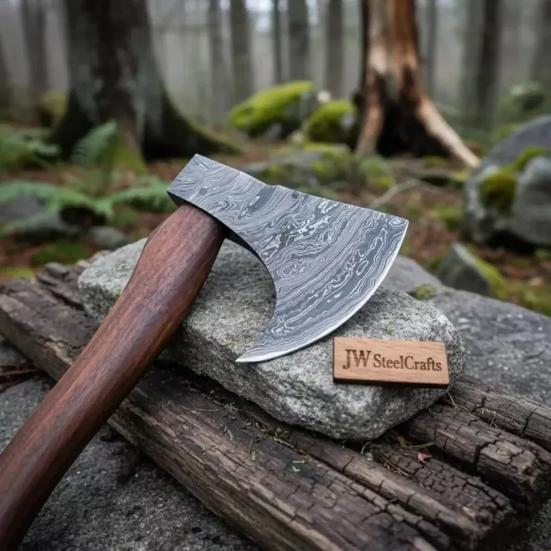 Handmade Damascus Steel Tomahawk AxeHand Forged Bearded Hatchet with Curved Hardwood Handle for Camping and Bushcraft | JW SteelCrafts