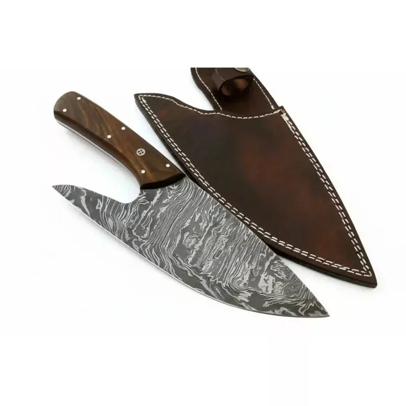 Handmade Fire Pattern Damascus Camp Utility Knife12 Fixed Blade with Rosewood Handle & Leather Sheath