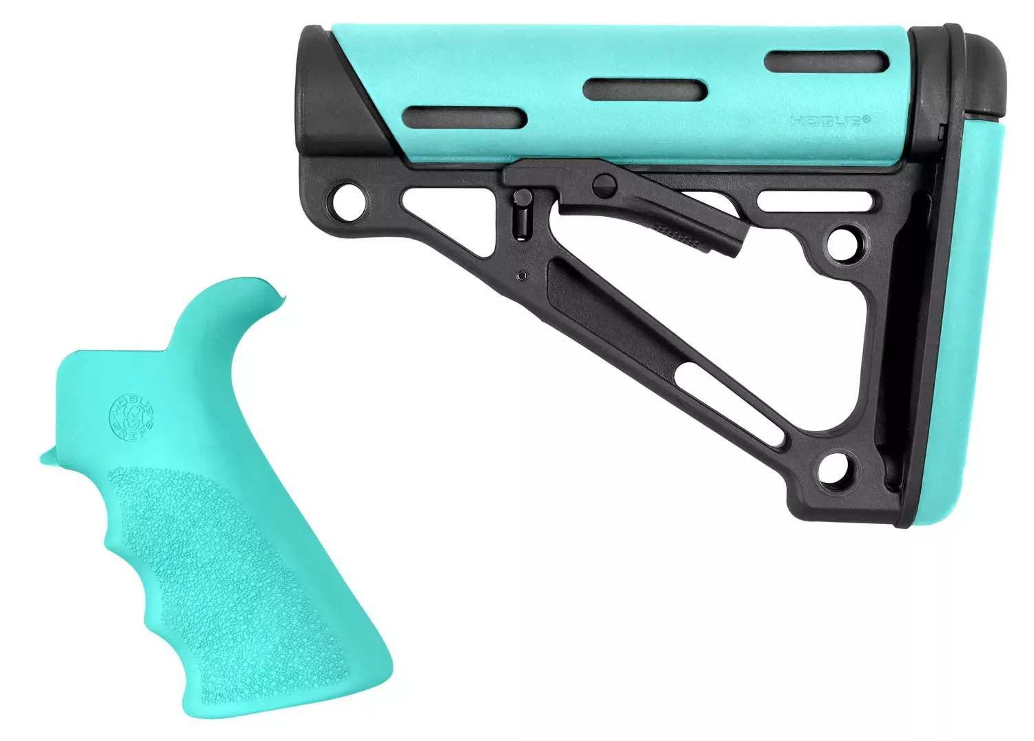 Hogue OverMolded 2-Piece Kit Collapsible Aqua OverMolded Rubber Black & Aqua Rubber Grip for AR15, M16 with Commercial Tube (Tube Not Included)