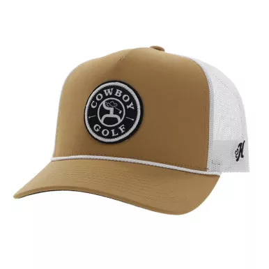 HOOEY Cowboy Golf 5-Panel Tan/White Trucker Cap with Black/White Circle Patch (2230T-TNWH)