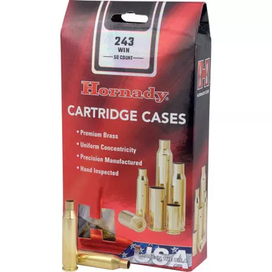 Hornady 8620 Unprimed Brass 243 Winchester, Brass, 50 Pack