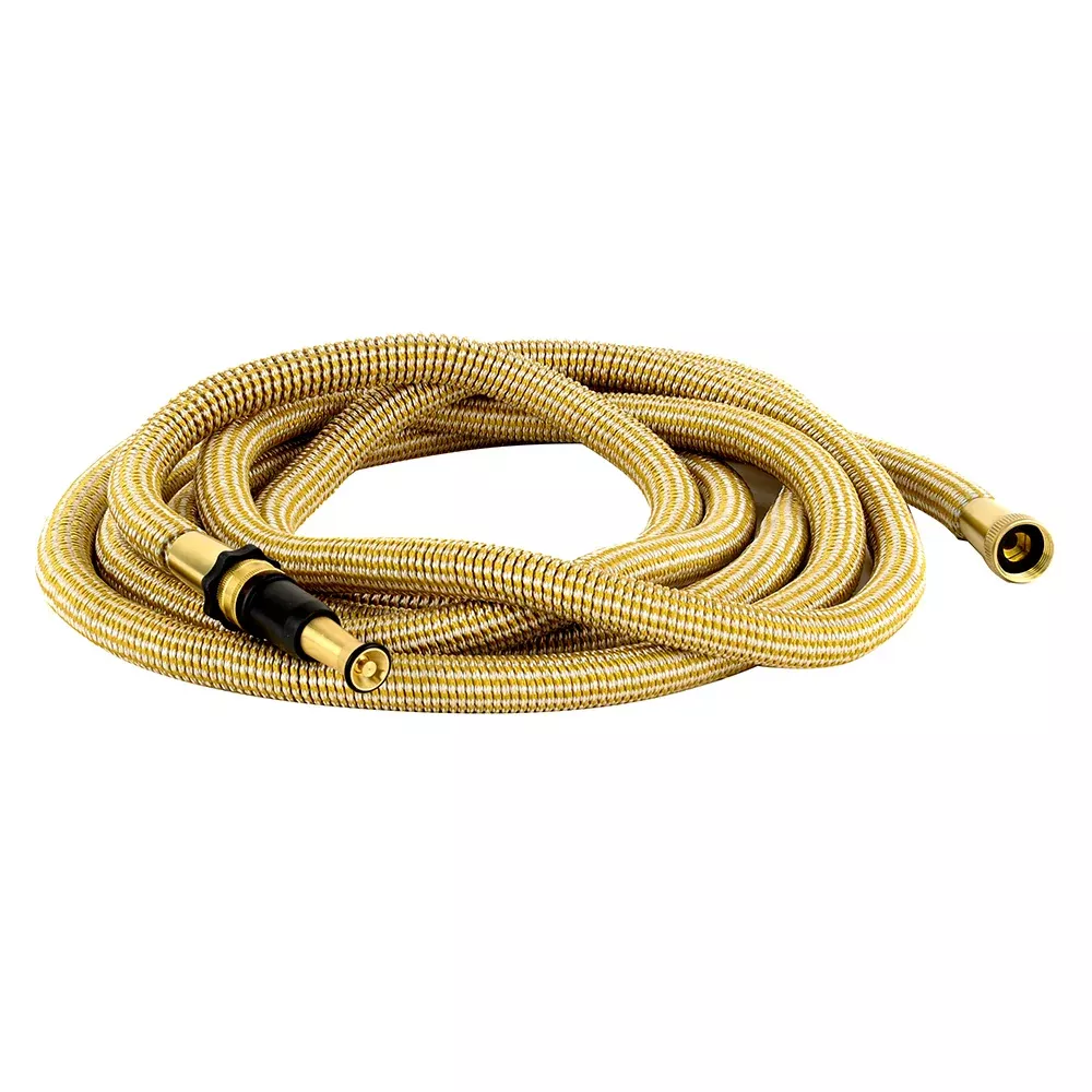 HoseCoil 50′ Expandable PRO w/Brass Twist Nozzle & Nylon Mesh Bag – Gold/White