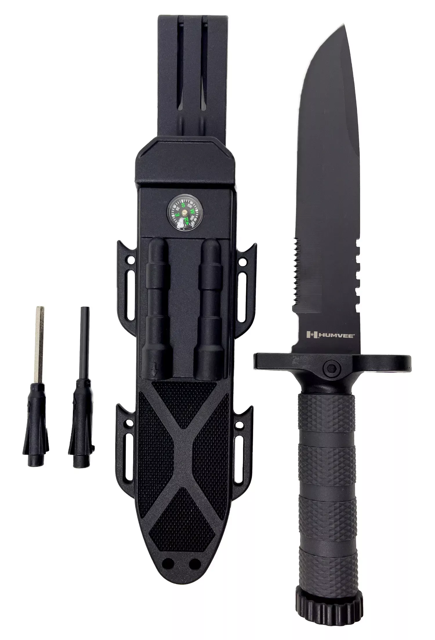 Humvee Adventure Gear Humvee Survival Knife 7.50″ Fixed Sawback Plain Black Stainless Steel Blade/ Black Textured Rubber Handle Includes Sheath