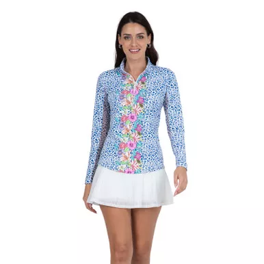 IBKUL Carrie Print Blue Multi Long Sleeve Mock Neck Top (10872-CRBL-MULT)