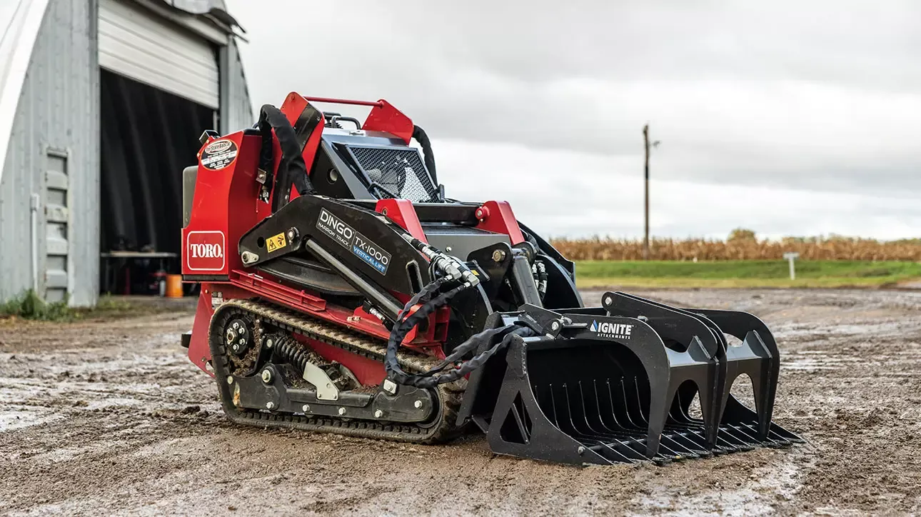 Ignite Attachments Mini Rock Grapple | Width 44″ | Hydraulic Horsepower 7–15 HP | Hydraulic Flow 5–15 GPM | For Mini Track Loaders