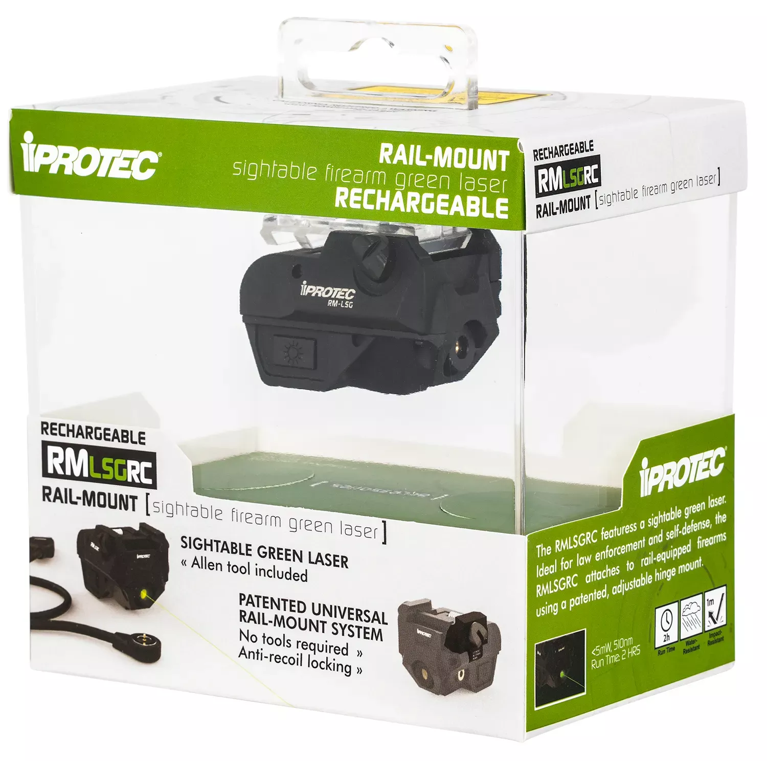 iProtec RMLSG RC Rechargeable 5mW Green Laser with 510 nm Wavelength & Black Finish for Rail-Equipped Long Guns, Handgun