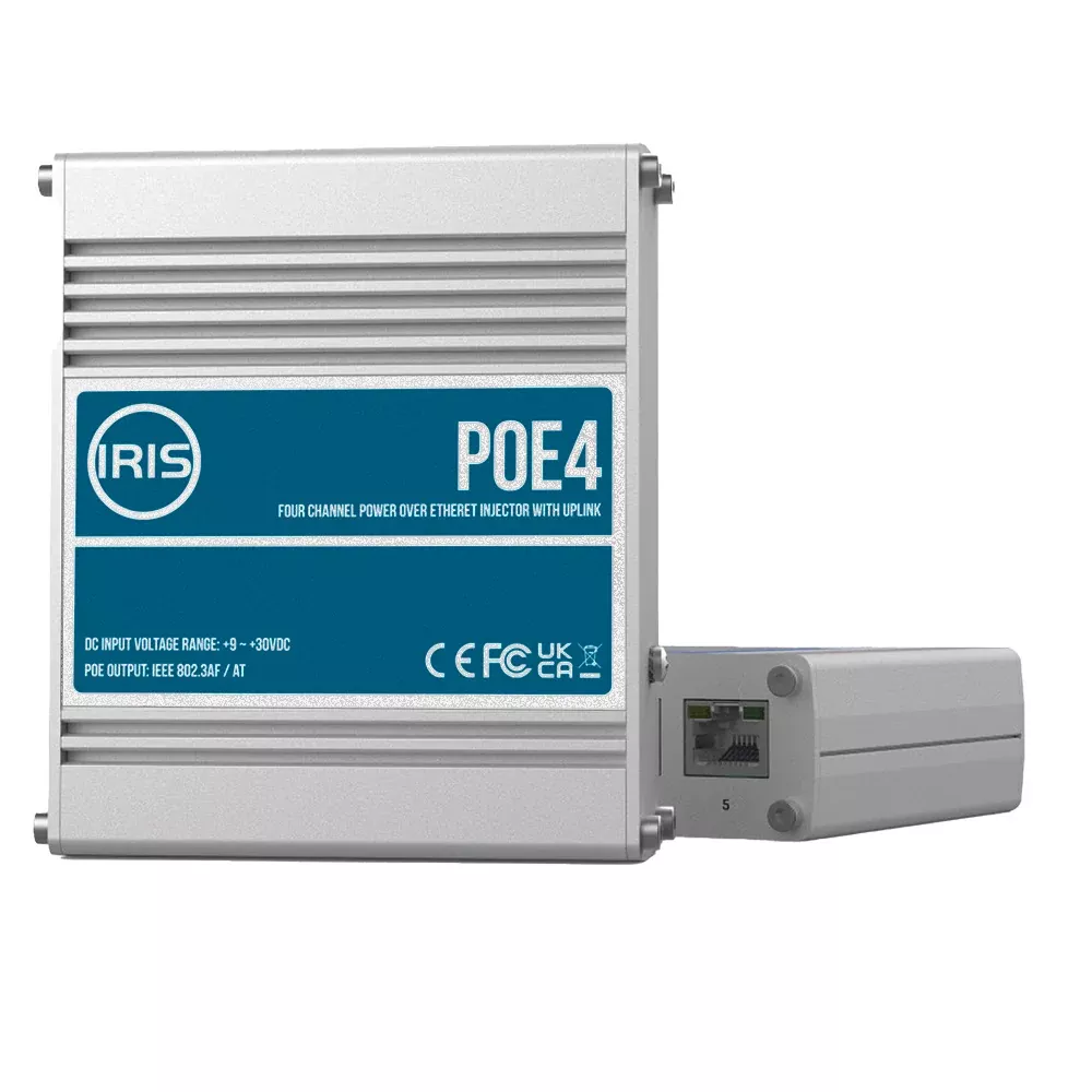 Iris Four Channel Uplink Power Over Ethernet Switch – IEEE802.3af & 3at Compliant – 9-30VDC Input – 48VDC Output