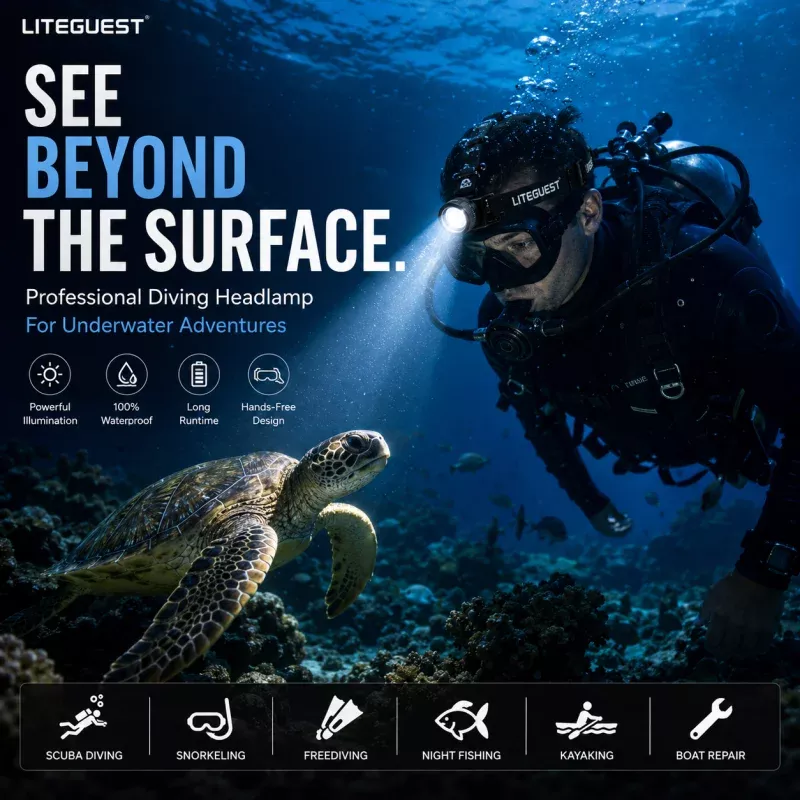LITEGUEST Pro Submersible Diving HeadlampIPX8 Rechargeable Underwater LED Headlamp