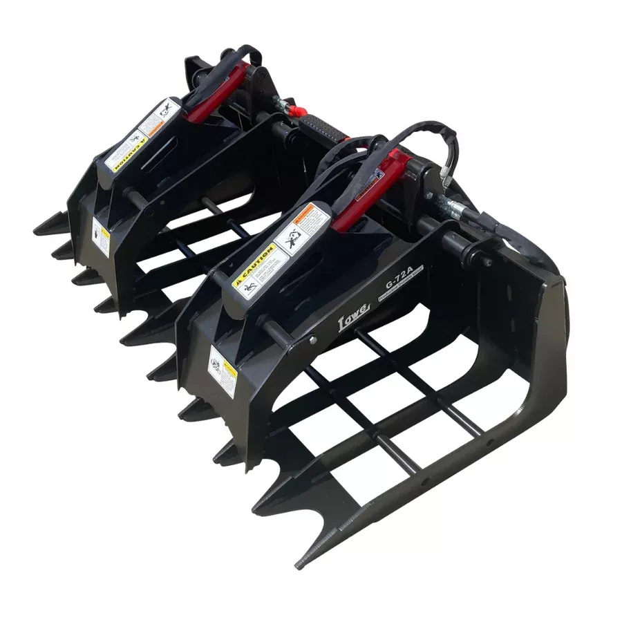 LOWE | G-72A Rock Grapple | Dual Clamping Arms | 72″ Width | 8″ Tine Spacing | 40″ Opening | Greaseable Hinges & Pins | For Skid Steers