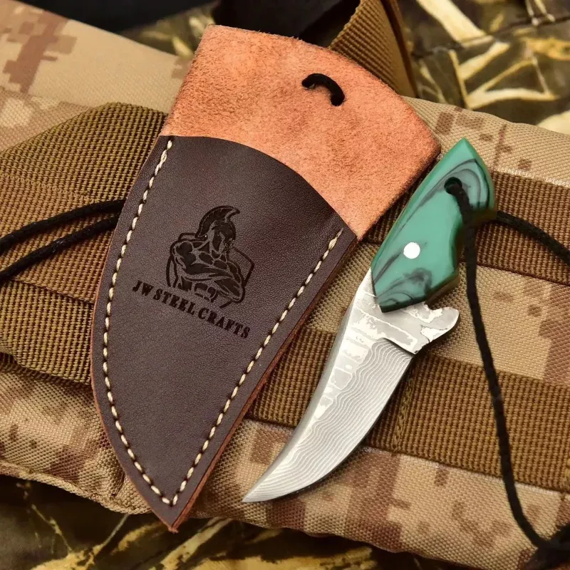 Neck Knife with Leather SheathMini Damascus Pattern Blade | Green Resin Handle | JW SteelCrafts