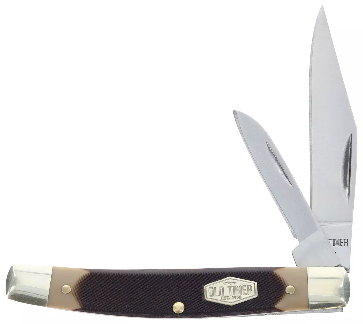 Old Timer Middleman Jack 2.50″ 1.70″ Folding Clip Sheepsfoot Plain Stainless Steel Blade Black Tan Sawcut Bone Handle