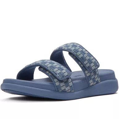 Open Box (Damaged package): FITFLOP F-Mode Go Adj. Checkerboard-Denim Two-Bar Slides, Color: Light Denim, Size: 7 (A1I-E01-050)