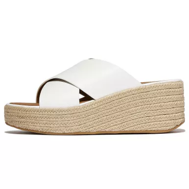 Open Box (Damaged package): FITFLOP Platfforms Espadrille Leather Wedge Cross Slides, Color: Urban White, Size: 10 (A5K-194-080)