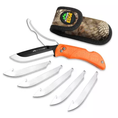 Outdoor Edge RazorPro G Replaceable Blade Folding Hunting Knife 3.50" 420J2 Plain Edge Blades with Fold-out Gutting Blade, Rubberized TPR Handle and Nylon Sheath