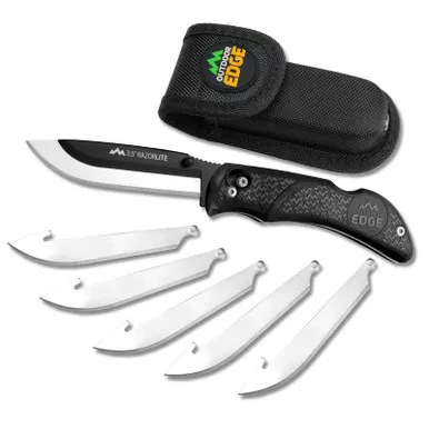 Outdoor Edge RazorPro L Replaceable Blade Folding Hunting Knife 3.50" 420J2 Drop Point Plain Edge Blades, Rubberized TPR Handle and Nylon Sheath