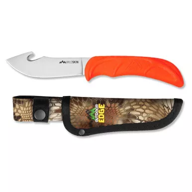 Outdoor Edge WS-10C WildSkin™ Skinner Knife 4.00" 420J2 Plain Edge Blade, Rubberized Orange TPR Handle and Kryptek Nylon Sheath