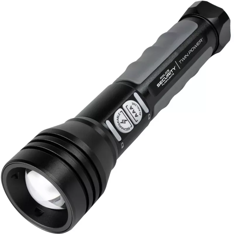 Police Security Twin Power Flashlight 600 Lumen with Rechargeable Battery and Adjustable Beam