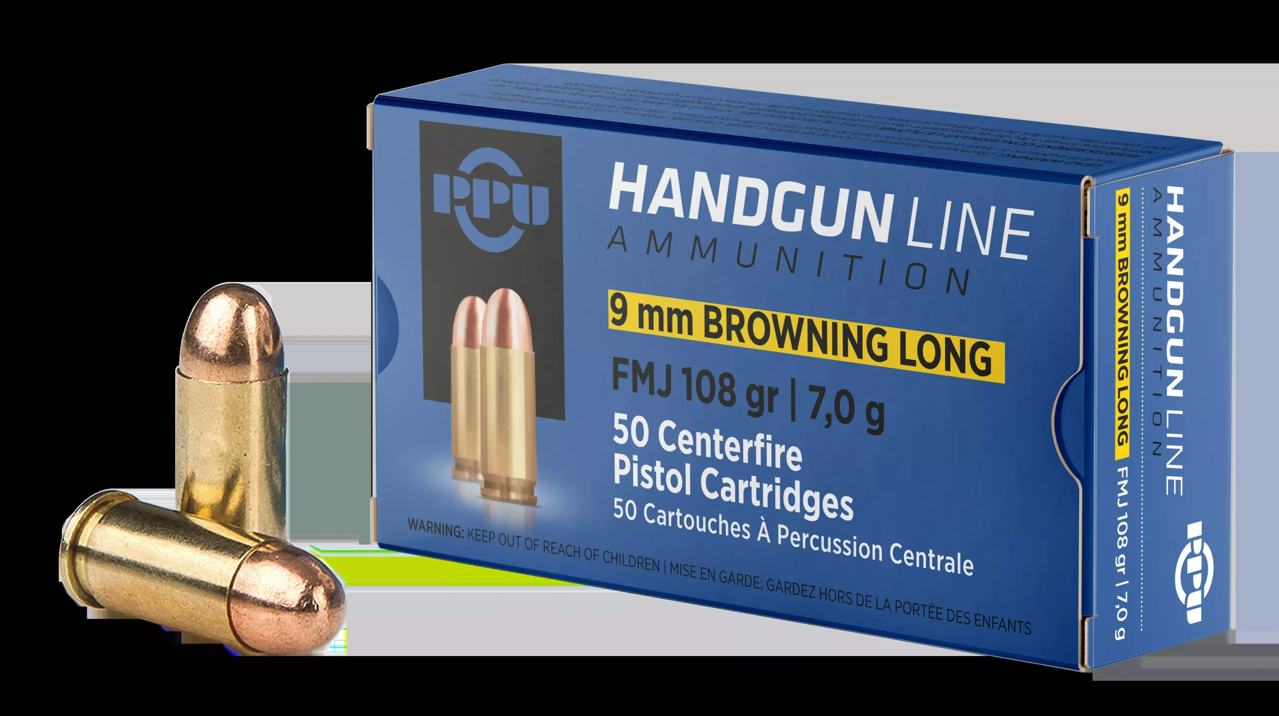 PPU Handgun9mm Browning Long 108 gr Full Metal Jacket (FMJ) 50 Bx/ 20 Cs