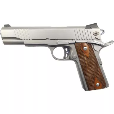 Rock Island 51414 Rock Standard FS *CA Compliant 45 ACP Caliber with 5" Barrel, 8+1 Capacity, Overall Matte Stainless Steel Finish, Beavertail Frame, Serrated Slide & Double Checkered Wood Grip