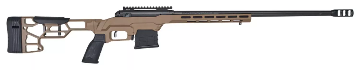 Savage Arms 110 Precision Left Hand Rifle .308Win 10+1 20″ Heavy Barrel w/Brake Adj Alum Chassis AccuTrigger Black/FDE 57695