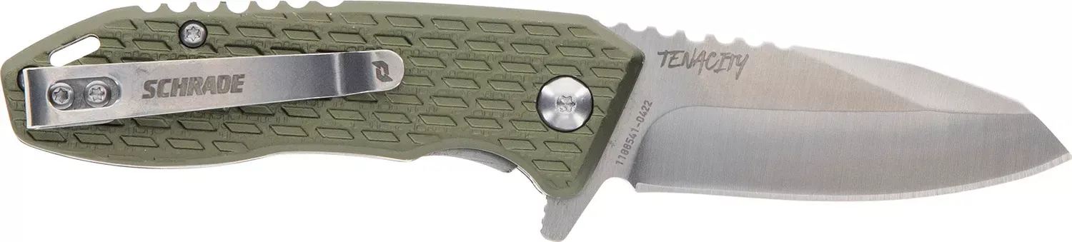 Schrade Tenacity Folding Modified Drop Point Part Serrated Satin AUS-10A SS Blade Green
