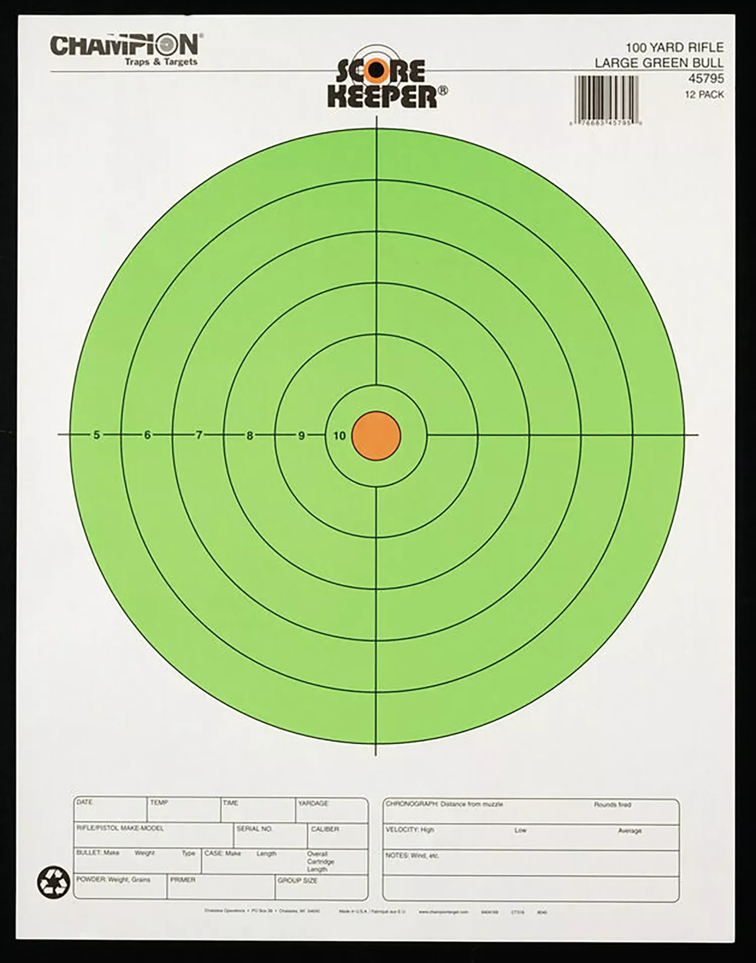 Score KeeperBullseye Paper Hanging 100 yds Rifle Large Fluorescent Green & Orange 12 PK