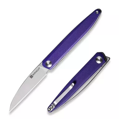 SENCUT S20029-1 Jubil Front Flipper Knife 2.95" Stonewash D2 Wharncliffe Plain Edge Blade, Purple G10 Handle