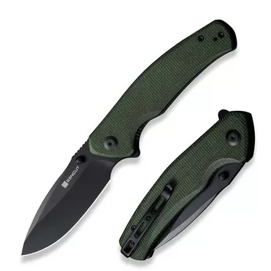 SENCUT S20066-3 Slashkin Flipper/Thumb Stud Folding Knife 3.48" Black D2 Drop Point Plain Edge Blade, Green Canvas Micarta Handle