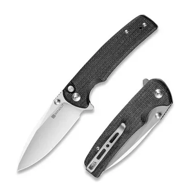 SENCUT S21007-1 Sachse Flipper/Thumb Stud Folding Knife 3.47" Satin 9Cr18MoV Drop Point Plain Edge Blade, Black Micarta Handle