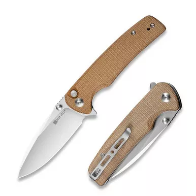 SENCUT S21007-3 Sachse Flipper/Thumb Stud Folding Knife 3.47" Satin 9Cr18MoV Drop Point Plain Edge Blade, Brown Micarta Handle