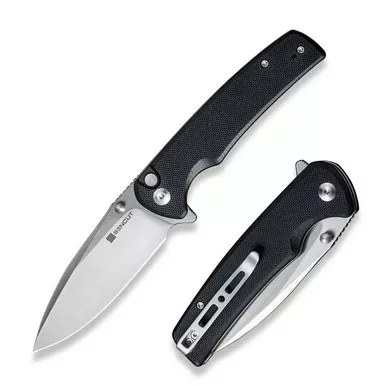 SENCUT S21007-5 Sachse Flipper/Thumb Stud Folding Knife 3.47" Satin 9Cr18MoV Drop Point Plain Edge Blade, Black G10 Handle