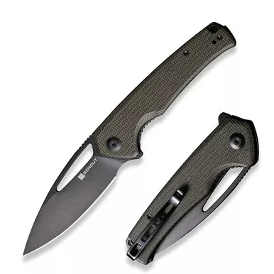 SENCUT S21013-3 Mims Flipper Folding Knife 3.48" Black 9Cr18MoV Drop Point Plain Edge Blade, Dark Green Canvas Micarta Handle
