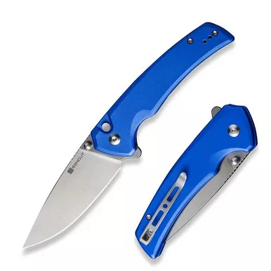 SENCUT S21022B-4 Serene Flipper/Thumb Stud Folding Knife 3.48" Satin D2 Drop Point Plain Edge Blade, Bright Blue Aluminum Handle