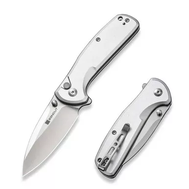 SENCUT S22043B-2 ArcBlast Flipper/Thumb Stud Folding Knife 2.98" Satin 9Cr18MoV Drop Point Plain Edge Blade, Silver Aluminum Handle